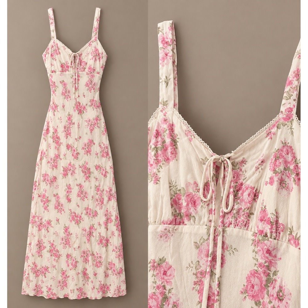 The Workshop Floral Maxi Dress Pink Rose Cottagecore Preppy baby doll milkmaid
